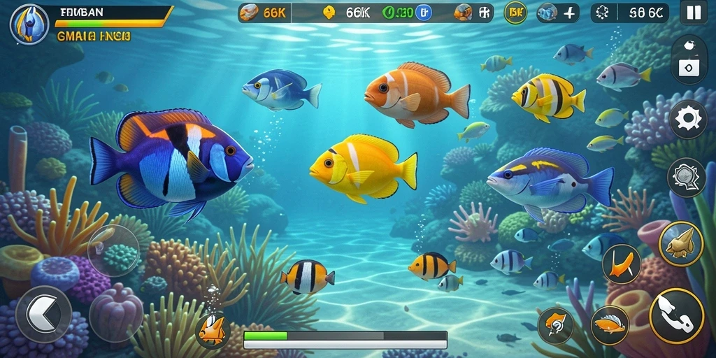 Screenshot gameplay menampilkan aksi seru menembak ikan di 66K.