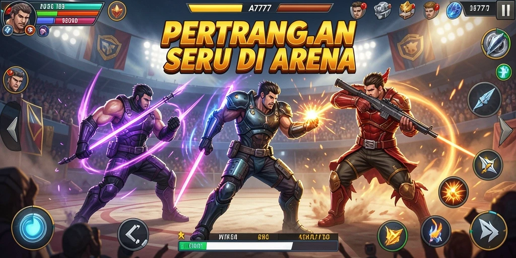 Tangkapan layar A7777 menampilkan aksi pertarungan yang mendebarkan dan karakter yang dinamis.