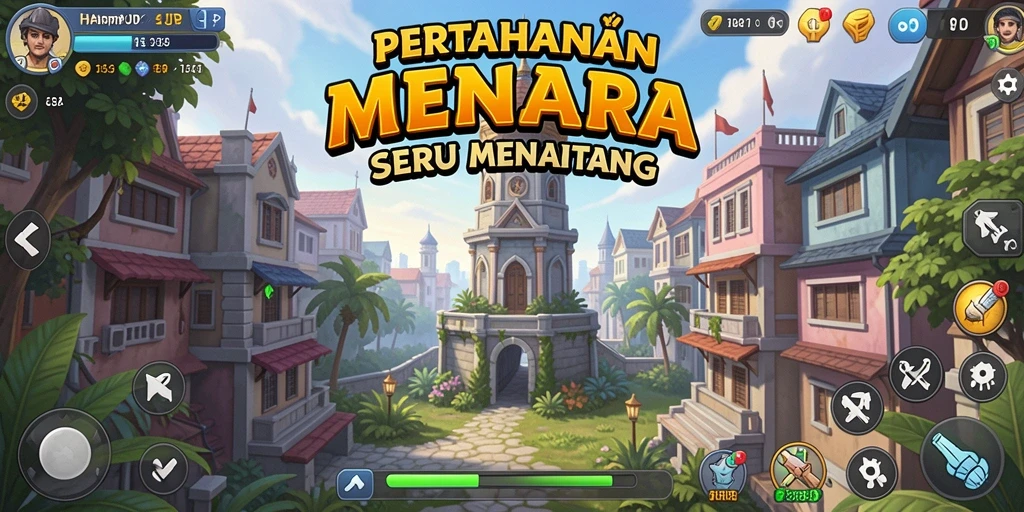 Tampilan menara dan musuh dalam gameplay Tower Defense yang seru.
