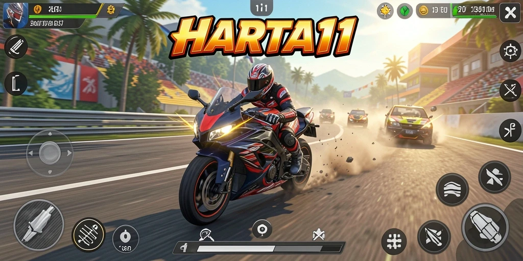 Gameplay seru dari HARTA11, balapan motor yang mendebarkan.