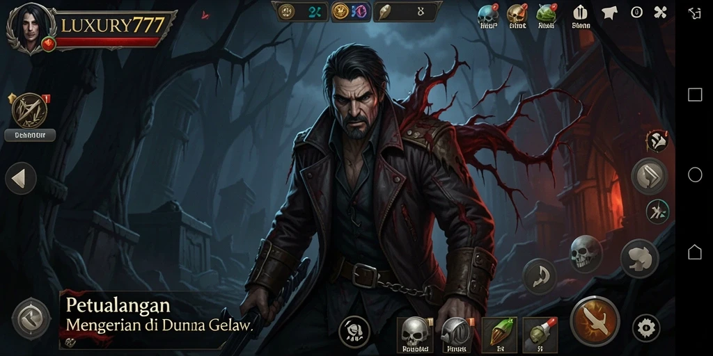 Screenshot gameplay LUXURY777 menampilkan suasana Horror yang mencekam.
