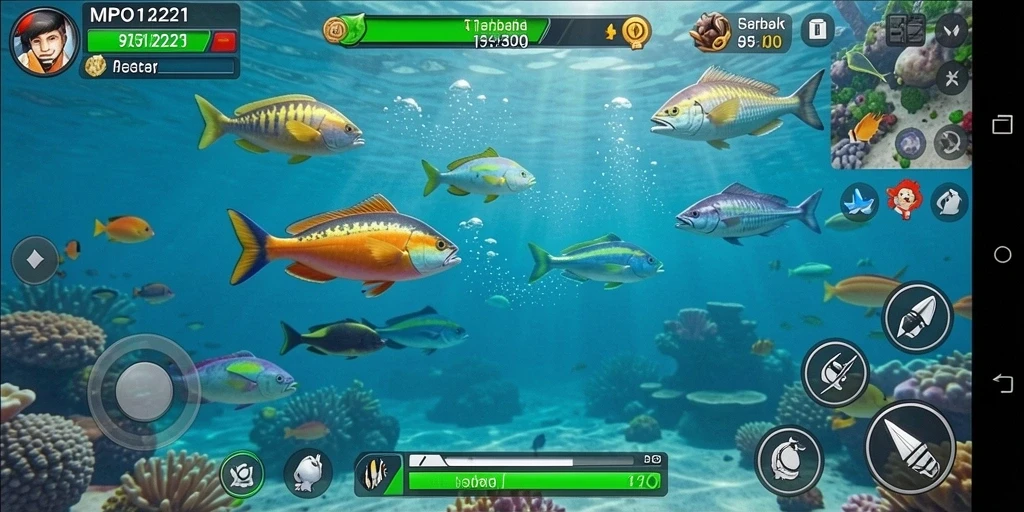 Screenshot MPO1221 menampilkan aksi seru menembak ikan.