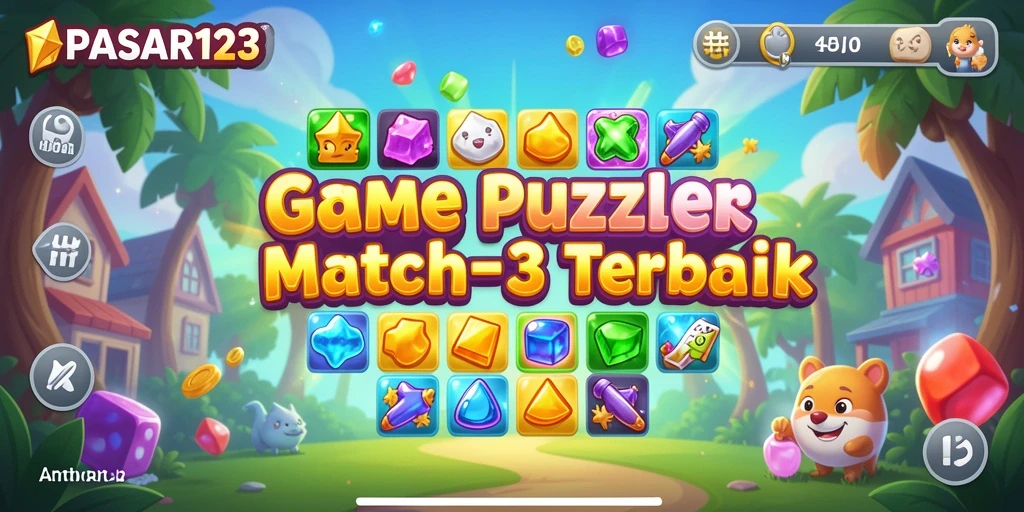 Tampilan layar permainan PASAR123 dengan aksi Match-3 menawan.