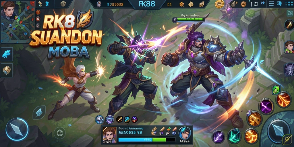 Tangkapan layar game RK88 dengan aksi pertarungan MOBA yang seru.